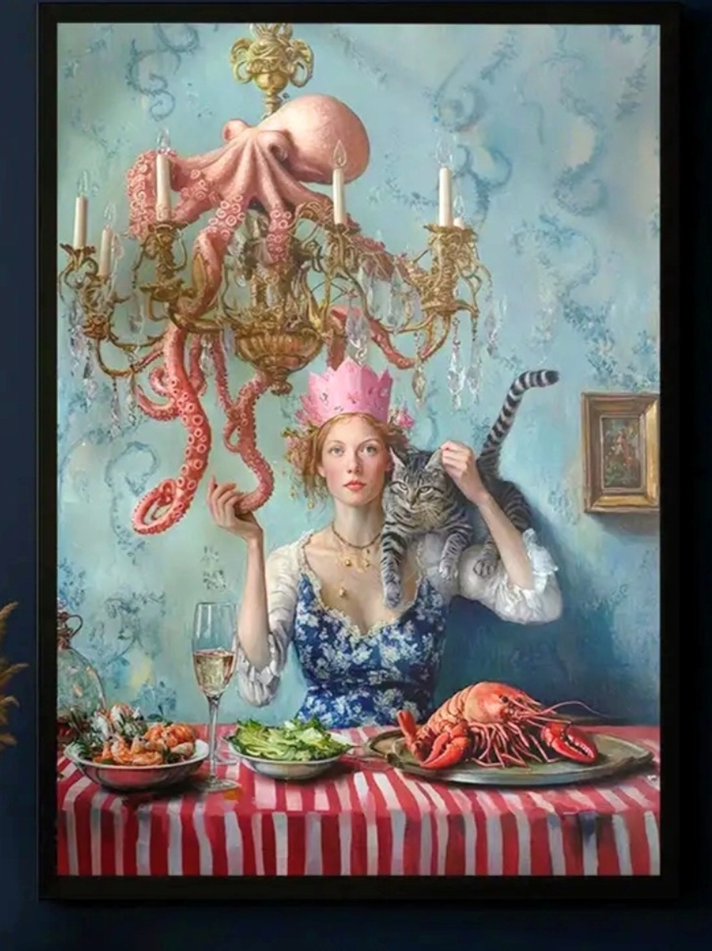 Surreal Lady with Octopus Chandelier Art Print - Pink & Blue